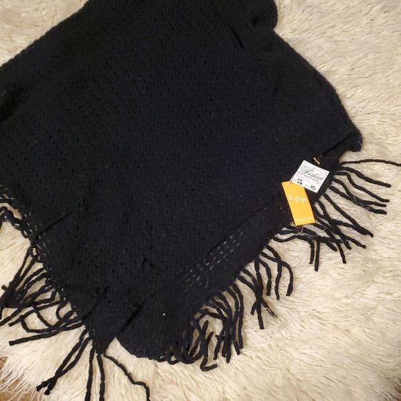 Black Knit Poncho with Fringe Cloaked Rowana Poncho - Black - Picture 9 of 9
